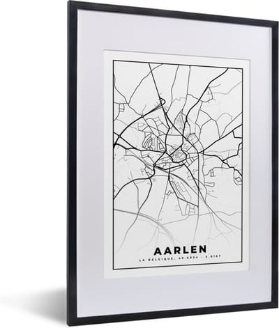 Fotolijst incl. Poster Zwart Wit- België – Aarlen – Stadskaart – Kaart – Zwart Wit – Plattegrond - 30x40 cm - Posterlijst