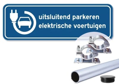 Parkeerbord Elektrische Voertuigen - Weerbestendig Aluminium - 40x15 cm - Bevestiging: Met paal 120 cm + paalbeugels + paaldop