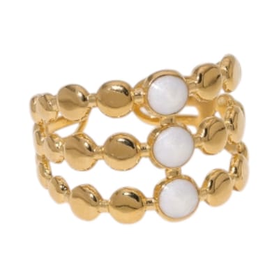 Aramat Jewels | Ringen | Brede Verstelbare Ring met 3 Emaille Cirkels - Goudkleurig RVS | Wit | |15mm | Staal | Volwassenen | Verkleurd niet