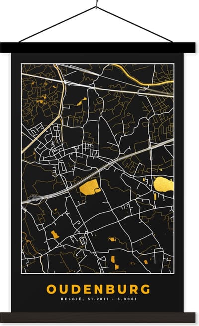 Posterhanger incl. Poster 40x60 cm - Schoolplaat - Kaart - Oudenburg - Plattegrond - Goud - Stadskaart - Textielposter - Zwarte latten - Stadskaart