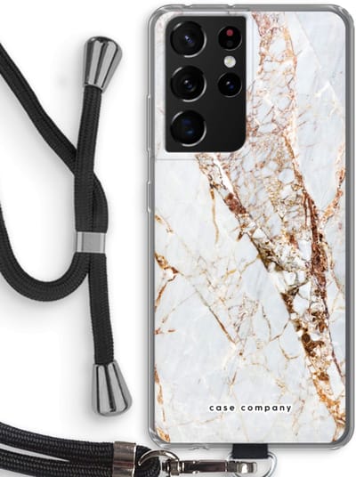 Case Company® - Hoesje met koord geschikt voor Samsung Galaxy S21 Ultra hoesje met Koord - Goud marmer - Telefoonhoesje met Zwart Koord - Bescherming aan alle Kanten en Over de Schermrand