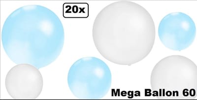 20x Mega Ballon 60 cm licht blauw en wit - Ballon carnaval festival feest party verjaardag landen helium lucht thema