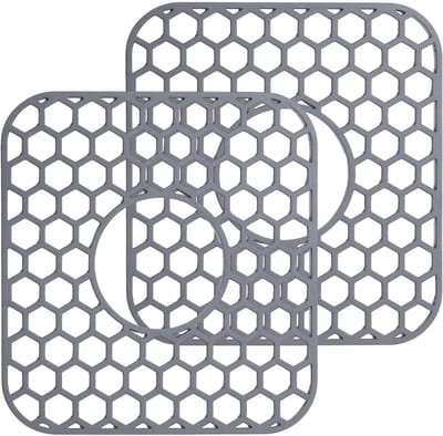 Gootsteenmat 2 stuks, antislip en hittebestendig, 31,5 x 29,2 cm, siliconen mat met afvoergat voor serviesdroging (grijs)