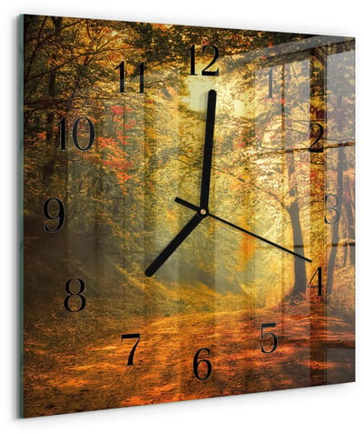 Tulup Wandklok - De herfst in het bos Gekleurde Glazen Klok - 30x30 cm - Oranje Glazen Klok Met Print - Zwarte Handen - Vierkante Wandklok - Moderne Wandklok Glas - Wandklok Glas Decoratie