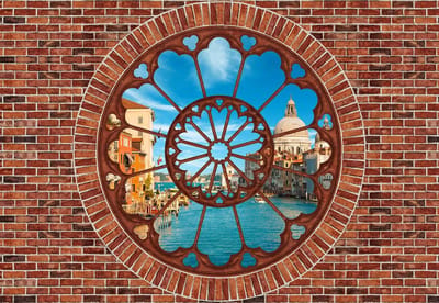 Fotobehang Brick Wall Venice Canal  | XL - 208cm x 146cm | 130g/m2 Vlies