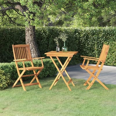 Inklapbare tuintafel met stoelen van acacia - 3-delig. Inklapbare tuin-eetgroep van massief hout met parasolgat voor terras en tuin, tuinmeubelset klaptafel
