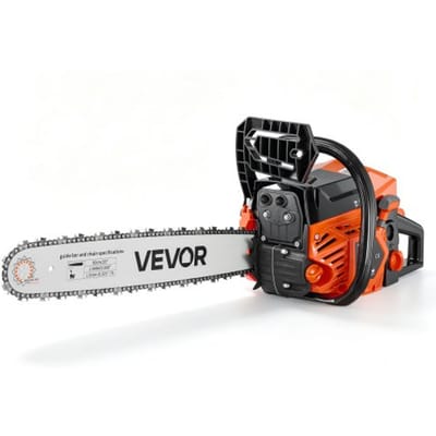 VEVOR benzinekettingzaag 508 mm 62 cc 2,7 kW 2-taktmotor, voor houtbewerking, boomkap, snoeien, 11.500 tpm, snelheidsgesynchroniseerde choke, antisliphandgreep en twee brandstoftanks.