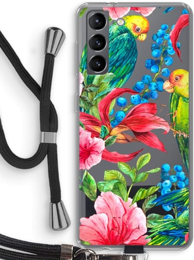 Case Company® - Hoesje met koord geschikt voor Samsung Galaxy S21 hoesje met Koord - Papegaaien - Telefoonhoesje met Zwart Koord - Bescherming aan alle Kanten en Over de Schermrand