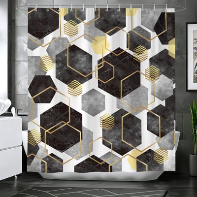 Douchegordijn, 180 x 180 cm, zwart, grijs, abstract, geometrisch, waterdicht, polyester, badgordijn met 12 haken, machinewasbaar, voor badkamer en bad