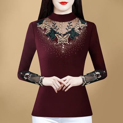 Lente Nieuw Slank en Veelzijdig Halfhoge Hals Modieus Plus Fluweel Vlinder Hot Diamond Warm Langmouw Basis T-shirt 4XL black