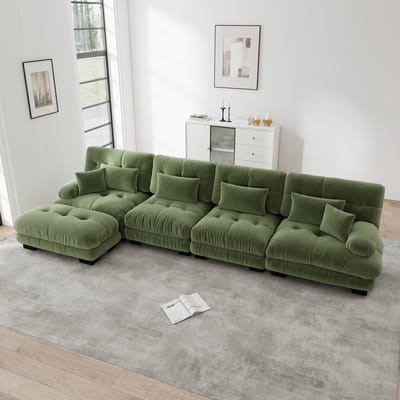 DESMIU Hoekbank 406 x 145 x 81 cm - Modulaire 4-Zits Bank Met Verplaatsbare Ottoman - Voor Woonkamer En Kantoor - Chenille Groen