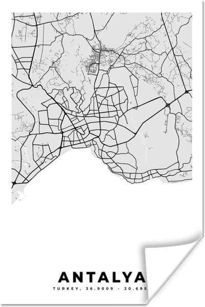 Poster Antalya - Stadskaart - Plattegrond - Zwart Wit - Kaart - 120x180 cm XXL