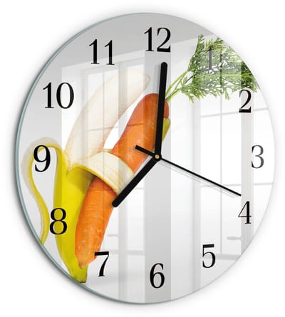 Tulup Wandklok - Wortels en bananen Moderne Glazen Wandklok - 30fi cm - Oranje Wandklok Glas Met Motief - Zwarte Handen - Ronde Wandklok - Decoratieve Glazen Klok - Glazen Wandklok Design