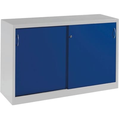 C + P gereedschapskast met schuifdeuren Acurado, B 1600 x D 500 x H 1000 mm, draagvermogen per legplank 70 kg, staal, lichtgrijs/geniaanblauw