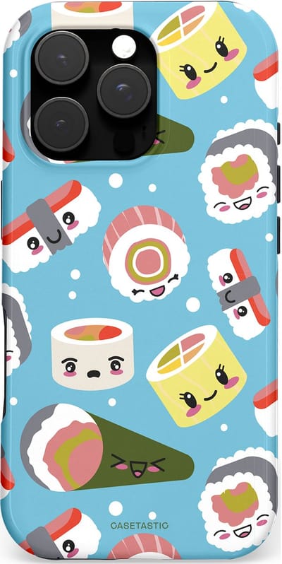 Casetastic hoesje geschikt voor Apple iPhone 16 Pro - MagSafe - Dubbellaagse bescherming - Sushi mania - Fashion Case - Lichtblauw Grijs Wit