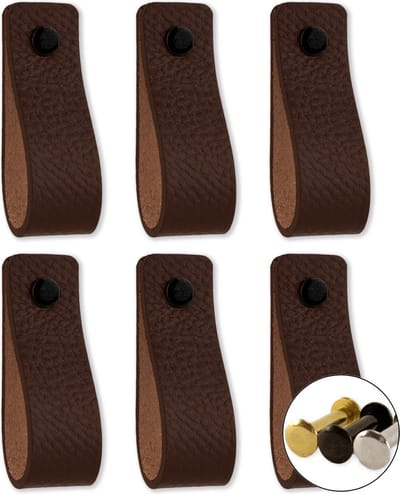 Leren handgrepen - Bruin - 6 stuks - 16,5 x 2,5 cm - incl. 3 kleuren schroeven - Handgrepen leer - Leren meubelgreep - Leren handvaten kast - Leren lus - Handgreep kast leer - Leren greepjes - Handvat leer - Leren deurgreep - Bruine leren handgreep
