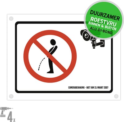 Pictogram/ bord Dibond + boorgaten | Wildplassen verboden + Camerabewaking | 36 x 27 cm | Camerawetgeving | Plassen | Toilet | WC | Nette buurt | GAS-boete | Geen gezeik | Urineren | 1 stuk