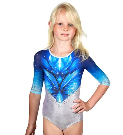 Fairysports Turnpakje Winter lange mouwen maat 122-128 meisjes gympakje blauw blauwe wit witte met gekleurde steentjes