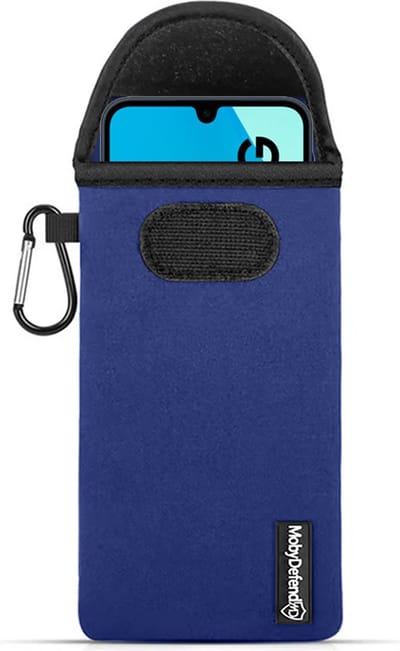 MobyDefend Hoesje - Geschikt voor Samsung Galaxy A16 - Neopreen Pouch Met Karabijnhaak - Insteek - Riemlus - Blauw