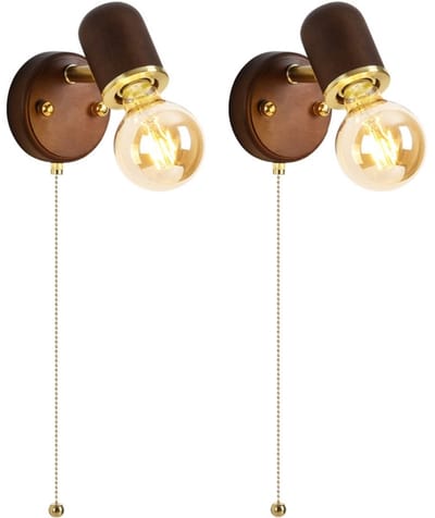 2 Stuks Wandlamp Vintage Slaapkamer Wandlampen Binnen Woonkamer Walnoothout Lampenkap met Schakelaar