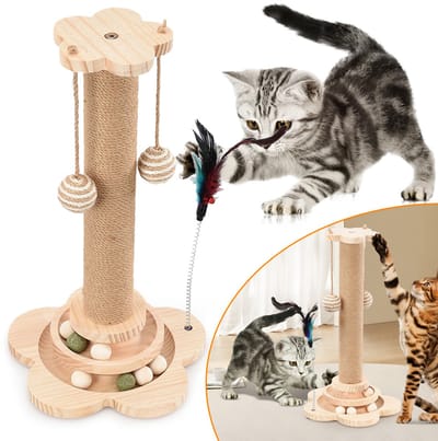 Houten Krabpaal Voor Katten - 4-In-1 Krabpaal En Kattenspeelgoed Voor Binnenkatten - 44,5cm Hoge Sisalpaal Met Dubbellaagse Houten Ballenbaan - Ideaal Voor Kleine Tot Middelgrote Katten