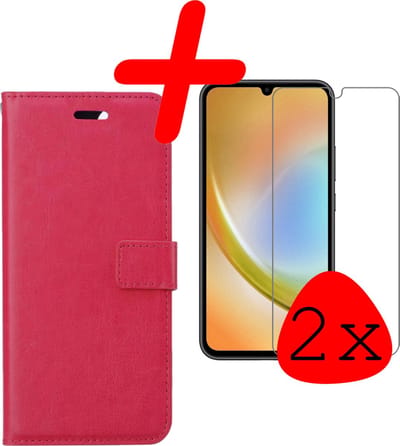 Hoesje Met 2x Screenprotector - Geschikt voor Samsung Galaxy A34 - Luxe Pasjeshouder - Bookcase Portemonee - Flip Case - Kunstleer Book Case - Flipcase Hoes - Book Cover - Walletcase - Portemonneehoes - Donkerroze