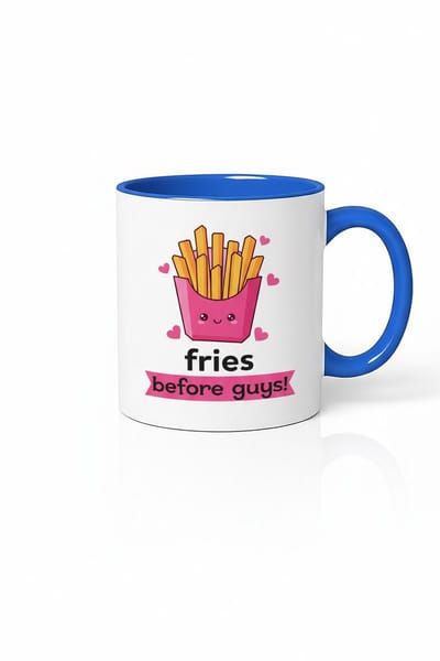 Mok "Fries Before Guys!" - Grappig Patat Cadeau voor Vriendinnen & Vrouwen - Blauwe Mok