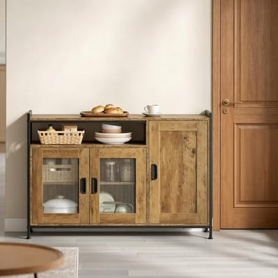 REDOM - Sideboard - Open vak en 2 kastdeuren - Verstelbare legplanken - Industriële stijl - Keuken of eetkamer - Hout en metaal - Bruin - 110 x 33 x 75 cm