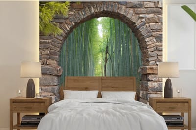 Behang - Fotobehang Bamboe - Japans - Doorkijk - Bos - Breedte 260 cm x hoogte 260 cm
