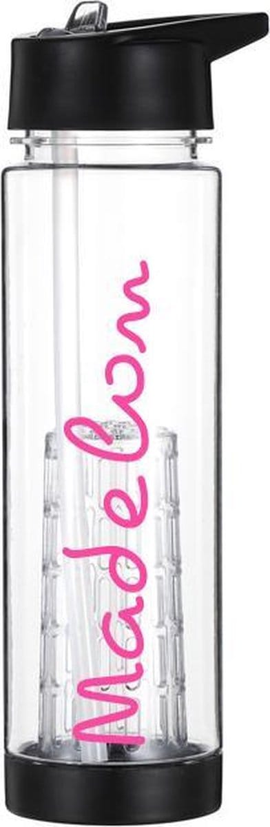LaCardia Waterfles met Eigen Naam 700 ml - Drinkfles met Fruitfilter & Tijdmarkering - BPA vrij - Drinkbus Voor Kinderen en Volwassenen - Sportfles & Travel mug - Zwart