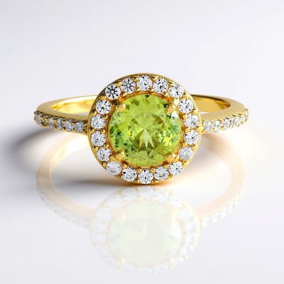 Cavill - Elegante 925 Sterling Zilveren Ring - 18K Goud Verguld - 1 Ct Groene Ronde Briljant Saffier Madagaskar - Pavé Prong Zirkonia - Luxe Damesring