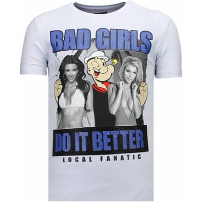 T shirt Heren - T shirt Heren met Print - T shirt Heren Grappig Bad Girls Do It Better - Funny shirt Rhinestone - Wit