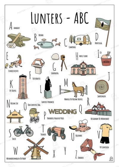 ABC Poster Lunteren - 50 x 70 cm - Educatieve Letterposter met Handgetekende Illustraties - Kinderkamer & Wanddecoratie - Woondecoratie - Relatiegeschenk