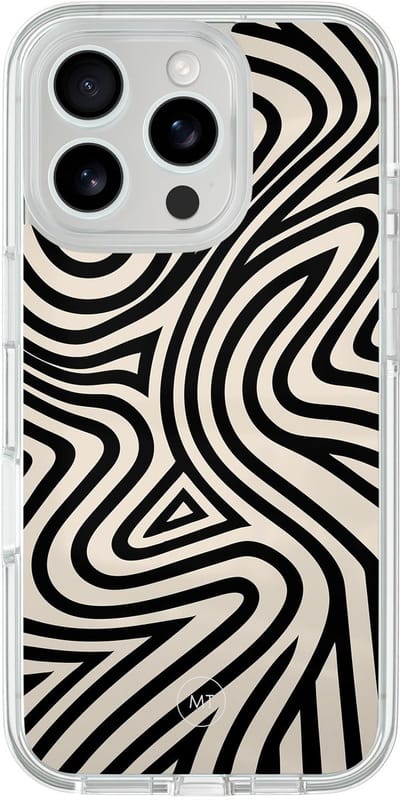 Hybride hoesje geschikt voor iPhone 16 Pro - Groovy lines - Extra bescherming - Luxe beschermhoes - TPU case - Transparant, Zwart - Mooie Telefoonhoesjes