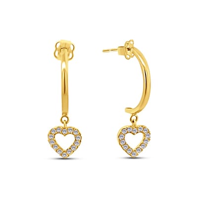 New Bling 9NBSAM-G230198 Gouden Oorbellen met Hangertje - Halve Oorringen - 13mm Doorsnee -Hartje 6,5mm - Zirkonia - 14 Karaat - Goud
