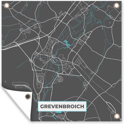 Tuin poster Stadskaart – Plattegrond – Duitsland – Blauw – Grevenbroich– Kaart - 200x200 cm - Tuindoek