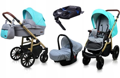 BabyLux® Kinderwagen 4in1 – ASPERO - SILVER MINT - Opklapbare Wandelwagen incl. Reiswieg, Multifunctionele Buggy Sportstoel, Autostoel, ISOFIX basisstation - Combi-kinderwagen met Luiertas, Regenhoes, Klamboe