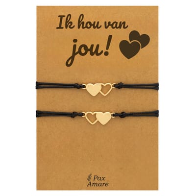 Vriendschapsarmbandjes voor 2 "Ik Hou van Jou" - Hartjes - Koppel Armbandjes met Lief Cadeau Kaartje - Goudkleurig - Elastisch Verstelbaar - Pax Amare
