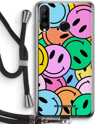 Case Company® - Hoesje met koord geschikt voor Huawei P30 Lite hoesje met Koord - Smiley N°1 - Telefoonhoesje met Zwart Koord - Bescherming aan alle Kanten en Over de Schermrand