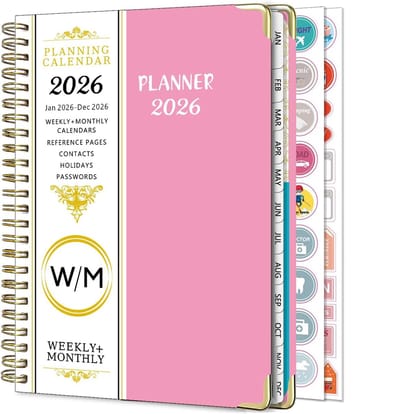 Agenda 2026 - Weekplanner - Agenda 2026 volwassenen - Januari tot en met december 2026 (12 maanden) - Spiraalagenda - Bekijk wekelijks A5 - Wekelijkse en maandelijkse schoolagenda - Met roosterstickers - Maandelijkse labels - Zakfor - Roze