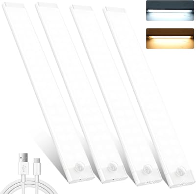 Onder kast verlichting met bewegingssensor, 4-pack LED lampen met 3 standen, oplaadbaar en dimbaar voor keuken en trappen