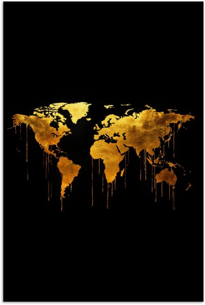 Poster 120x180 cm - Wereldkaart - Goud - Druipen - Zwart - Posters - Kamer decoratie - Wanddecoratie woonkamer - Muurdecoratie slaapkamer XXL