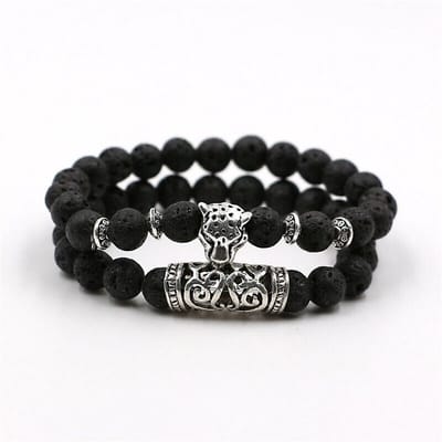 Sorprese armband - Tiger - armband heren - 2-delig - kralen - Zwart Lava Natuurstenen - 19 cm - cadeau - Model R