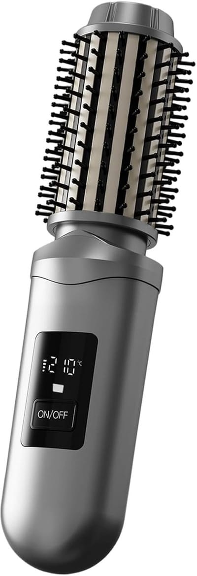 Draadloze stijltang- en krulborstel, oplaadbaar, draagbaar, verwarmde stijltang- en krulborstel, 3 temperatuurstanden, met lcd-display - grijs