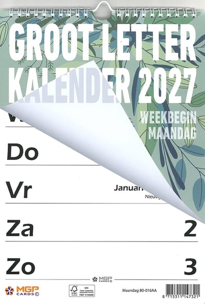 MGPcards - Grootletter kalender - 2027 - Week begint op maandag - 21 x 34 cm - Groen Bladeren