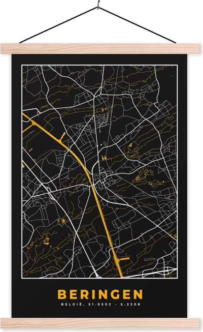 Posterhanger incl. Poster 40x60 cm - Schoolplaat - Beringen - Stadskaart - Plattegrond - Goud - Kaart - Textielposter - Blanke latten - Stadskaart