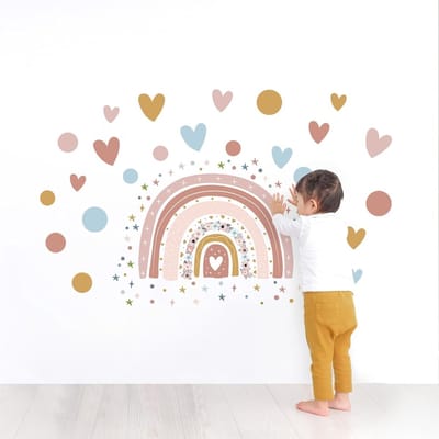 Grote Boho Regenboog Muurstickers met Bloemen, Kleurrijke Hartjes en Sterren voor Baby- en Kinderkamers, DIY Vinyl Muurdecoratie voor Speelkamers en Slaapkamers