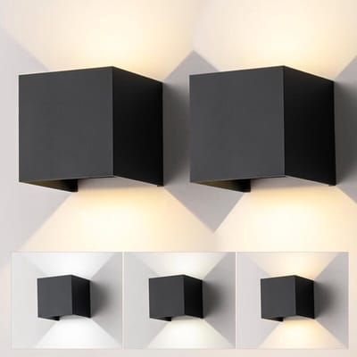 Een set van 2 LED-wandlampen binnen en buiten, moderne vierkante zwarte aluminium wandlampen, verstelbare lichtbundel, IP65 waterdicht.
