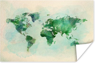 Poster 30x20 cm - Wereldkaart - Waterverf - Groen - Posters - Kamer decoratie - Wanddecoratie woonkamer - Muurdecoratie slaapkamer