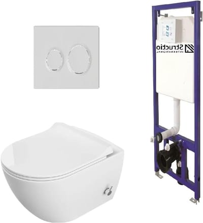 Hangend toilet met bidet - Wandtoilet Taharet douche - Hygiënisch toiletbezoek - Spoelrandloos design - 1150-1390 mm hoogte - Wit